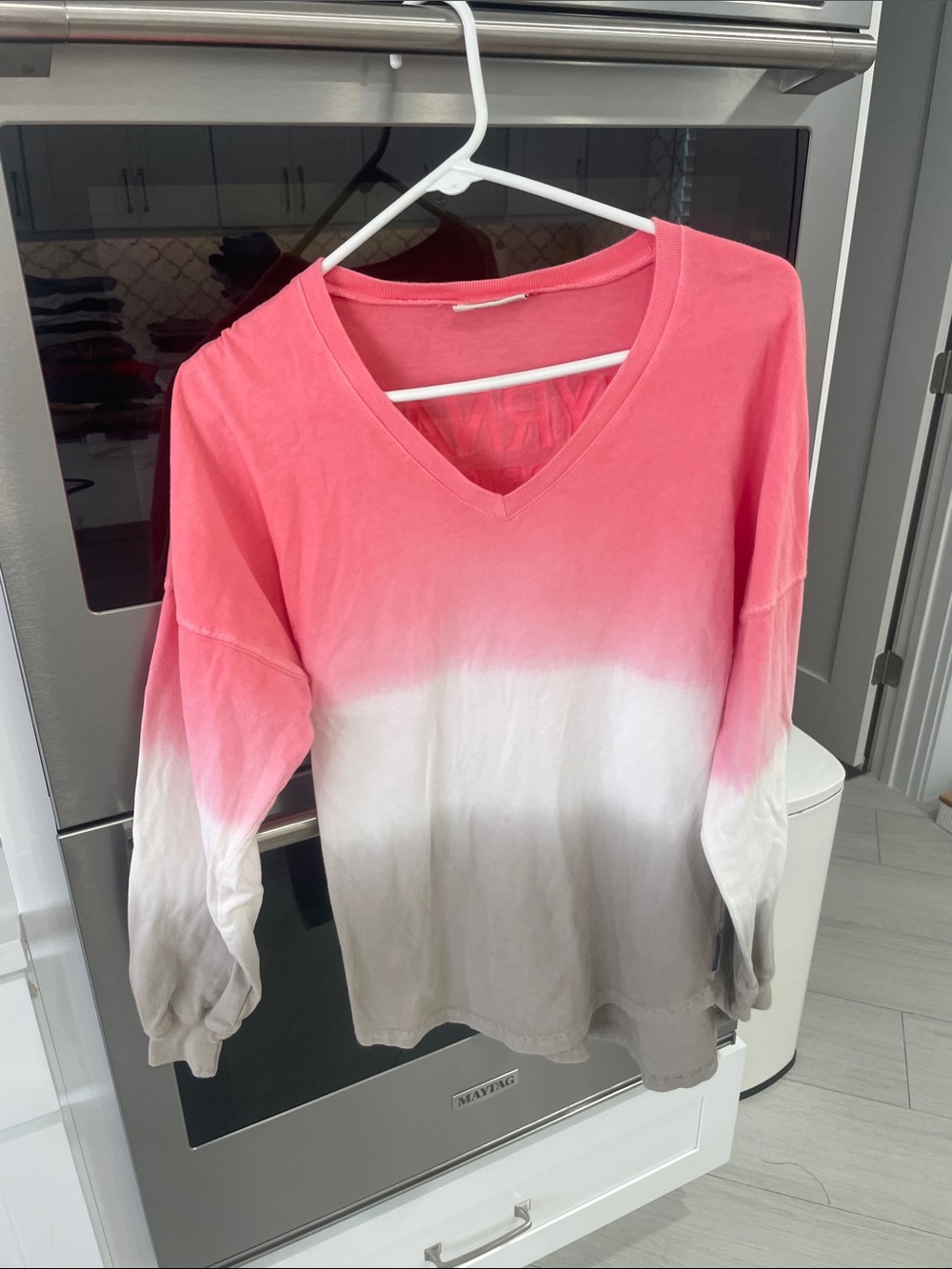 Spirit Pink White Tan Ombre V-Neck Long Sleeve Top
